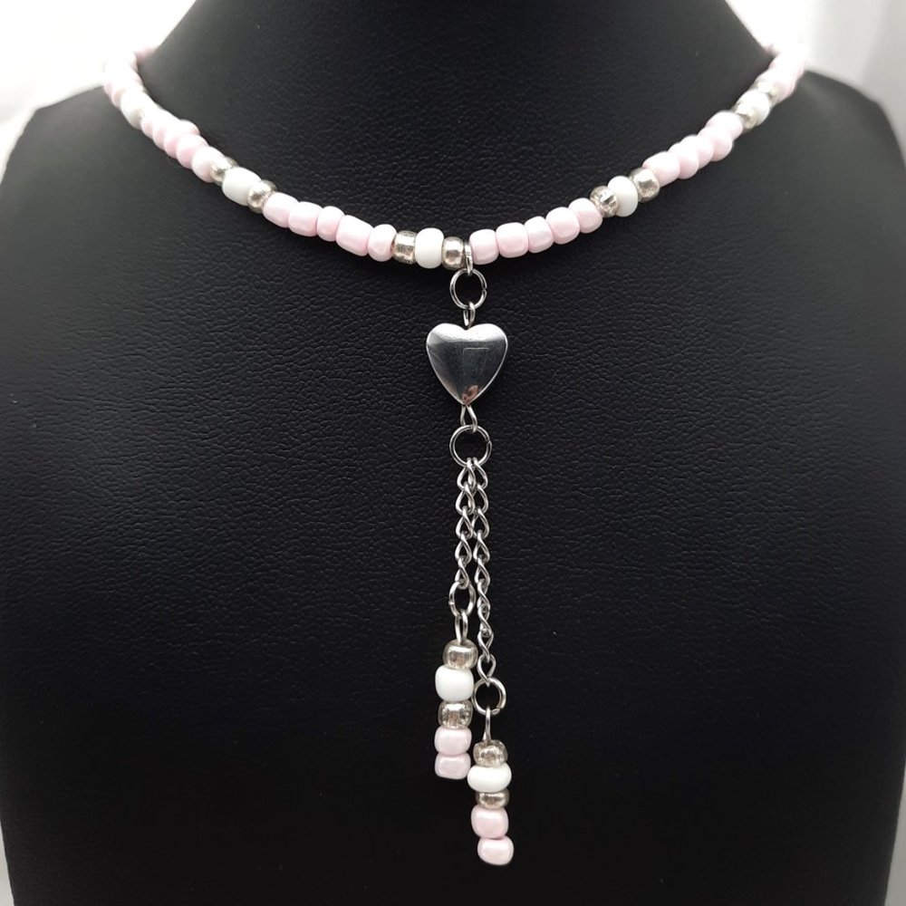Chained Heart Pendant Pink White Adjustable Collar Necklace Handmade Jewelry